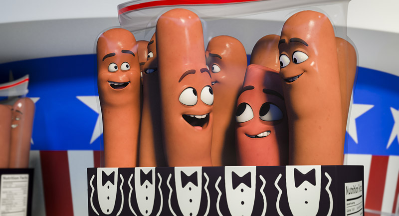 Carl (Jonah Hill, 2nd), Barry (Michael Cera, 3d) and Frank (Seth Rogen, rt) in Columbia Pictures' SAUSAGE PARTY.